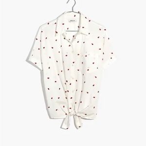 Madewell Embroidered Short-Sleeve Tie-Front Shirt in Fresh Strawberries